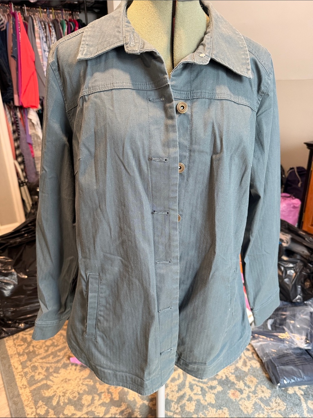 Denim&Co Women's Oversized Small Button-Front Jean Jacket in Slate Blue-Green
